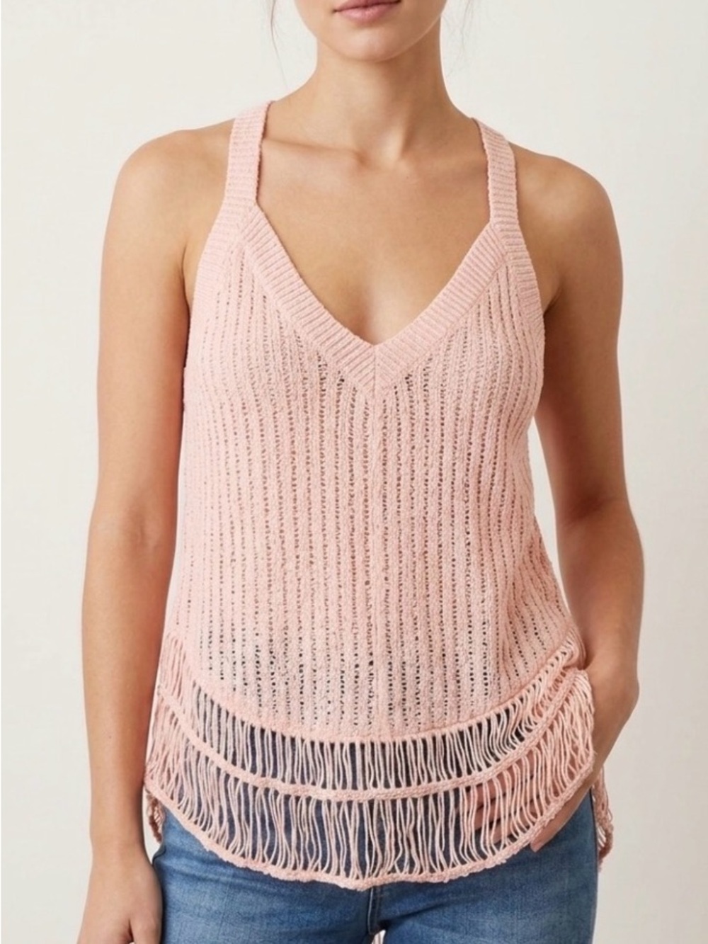 POL Light Pink V-Neck Fringe Knit Tank